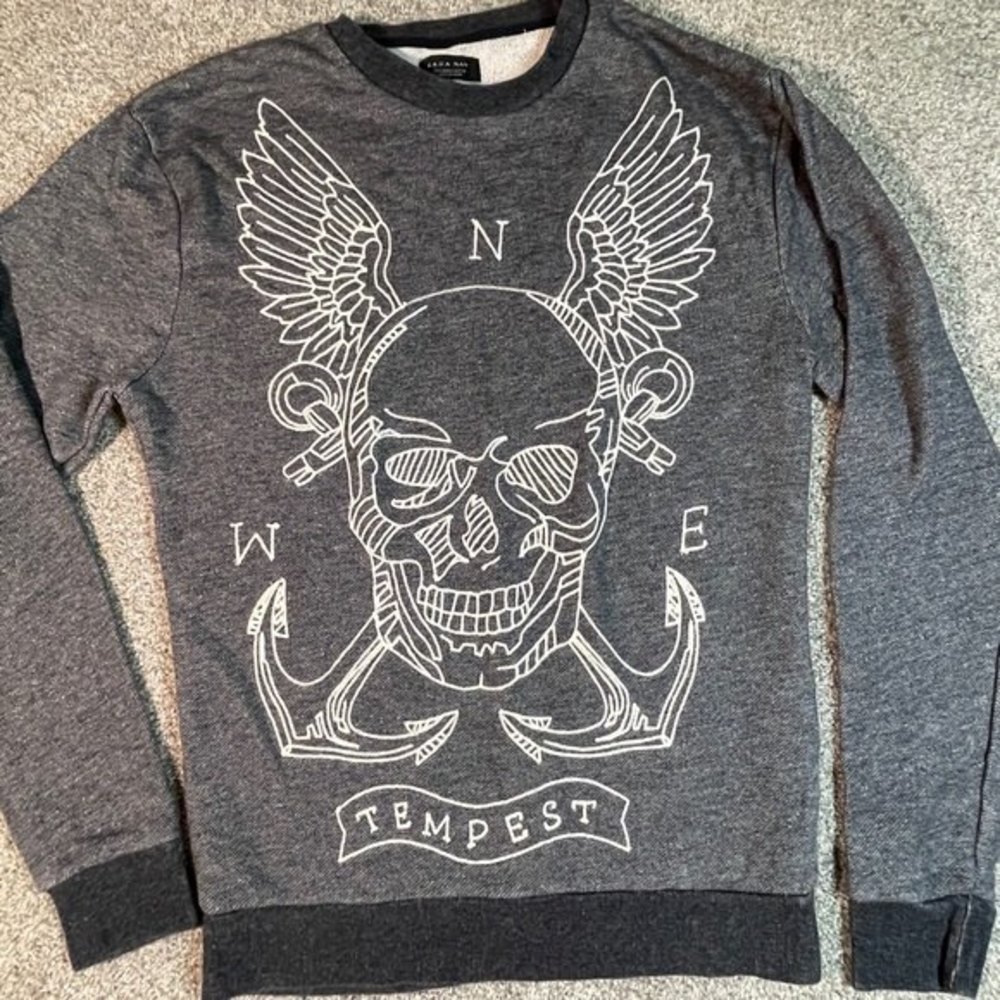 Zara Man Embroidered Graphic Grey Crewneck Sweatshirt Size Small - Picture 1 of 6